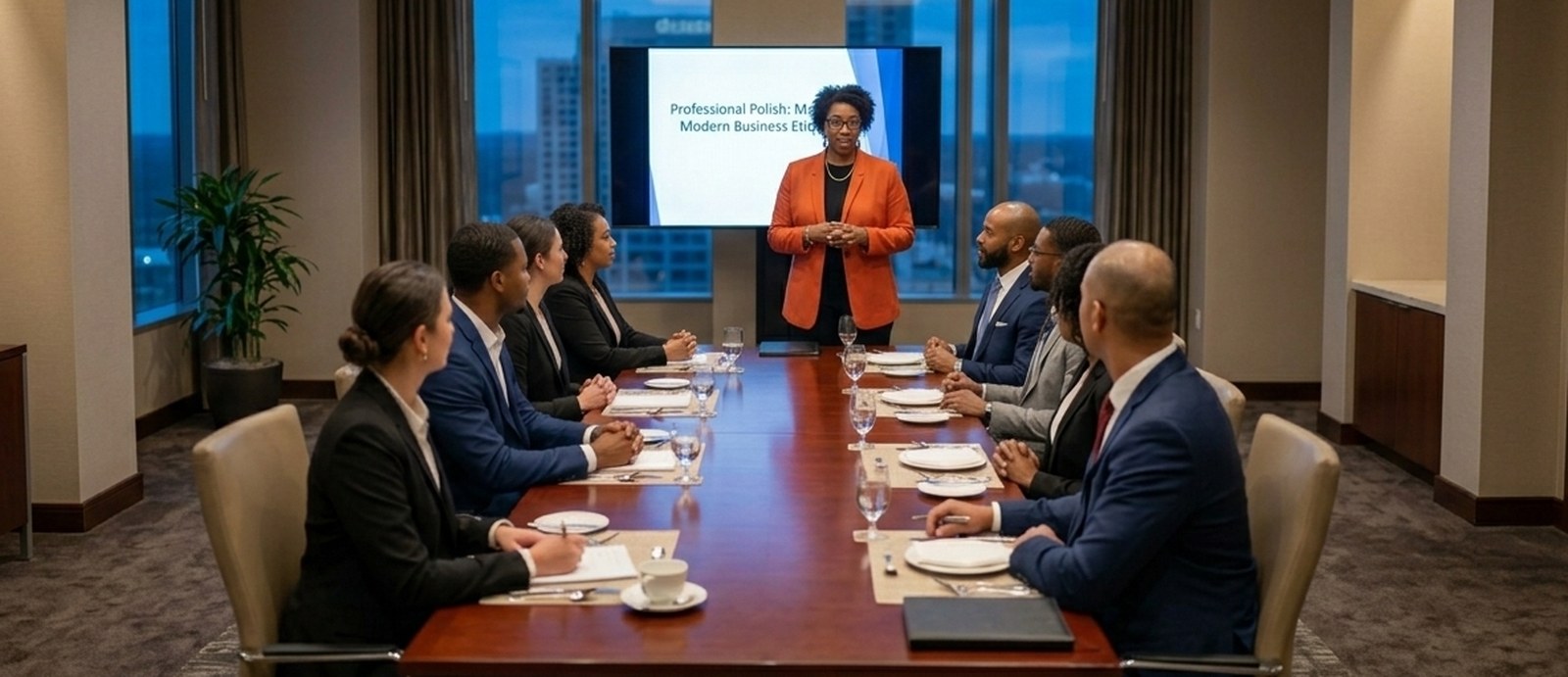 Jeanine leading a diverse group of business professionals in a modern boardroom etiquette workshop
