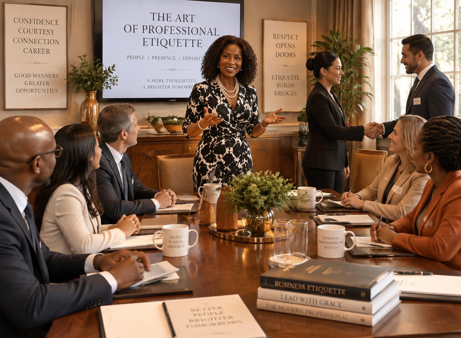 Jeanine leading a diverse group of professionals at a corporate etiquette workshop