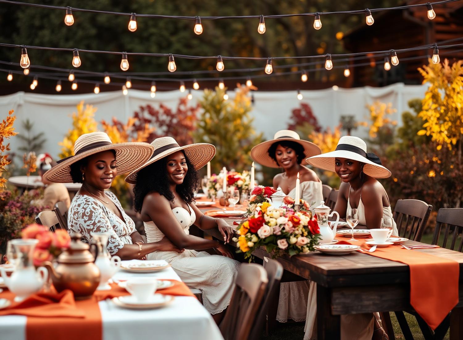 Guests enjoying an outdoor autumn garden tea party